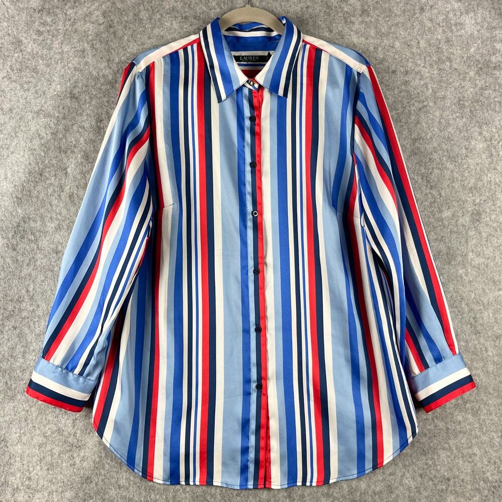 Lauren Ralph Lauren Satin Top Womens 1X Striped Button‎ Up Career Preppy Classic